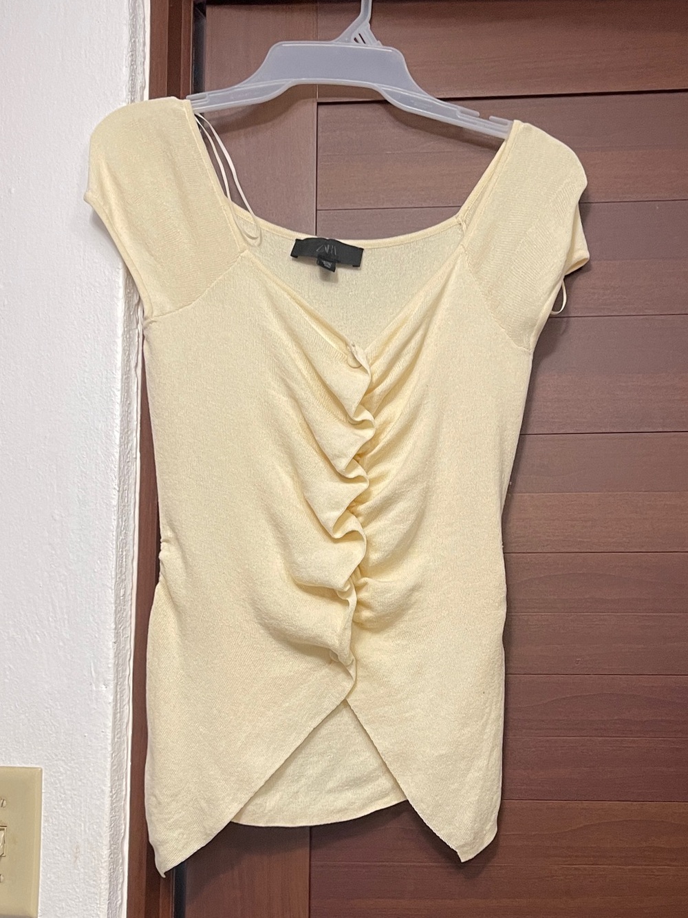 Zara Pale Yellow Ruched Front Short Sleeve Top